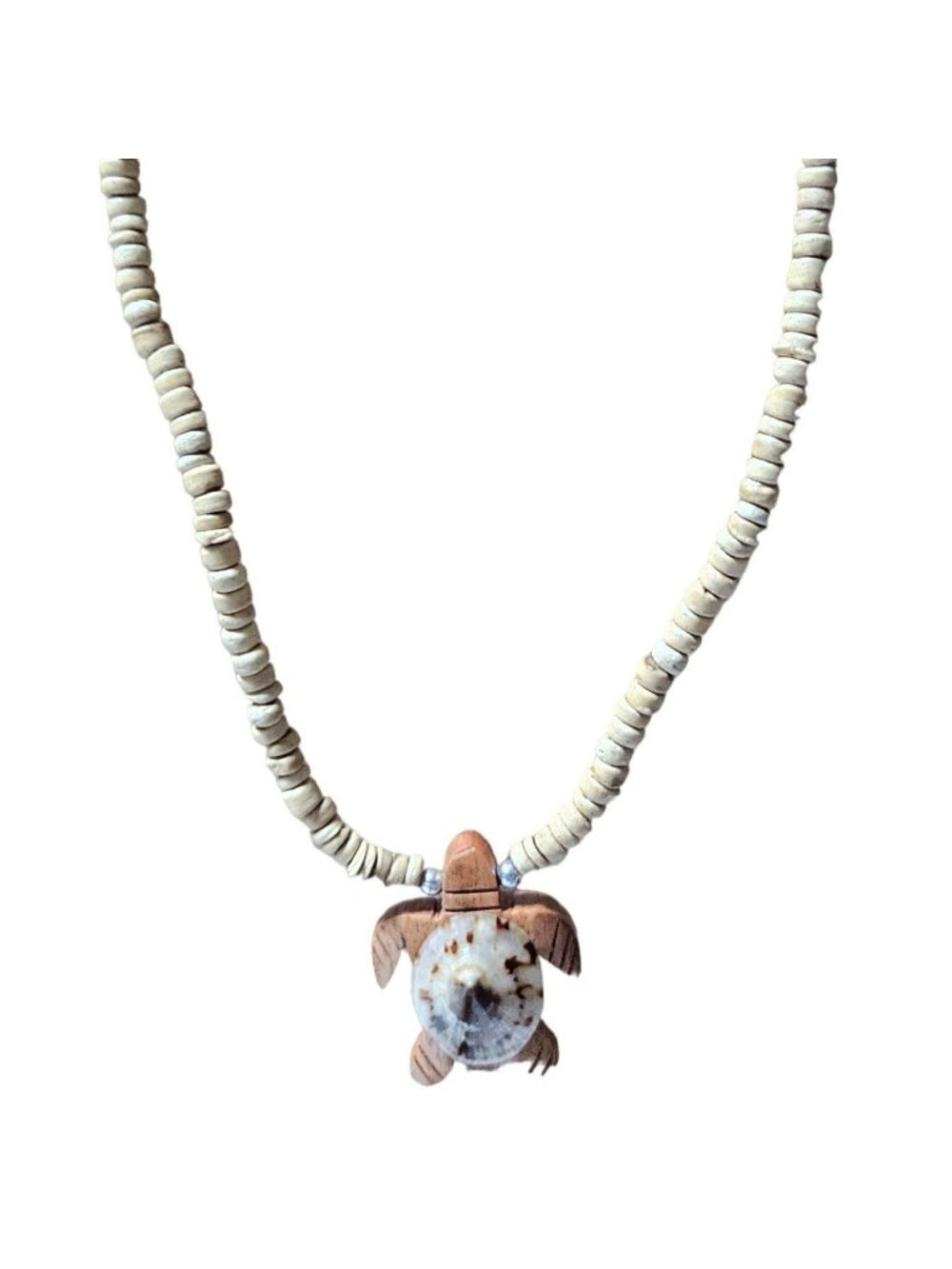 Handmade Sea Turtle Necklace Shell Wood Pendant Cream Beaded Coastal Boho Surfer